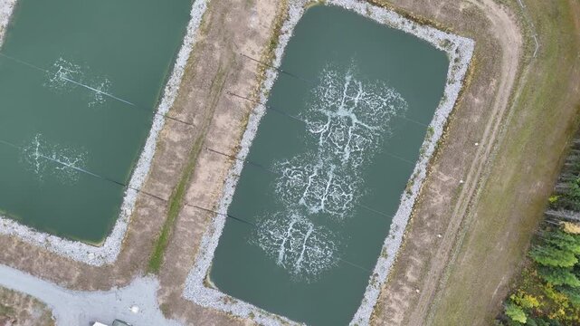Aerial drone looks down and spins while ascending over wastewater lagoons near Ilford War Lake, northern Manitoba, Canada. Aeration bubbles, berms, gravel road, and boreal forest visible.