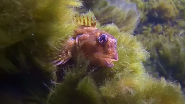 Underwater close-up of rocky goby, Gobius paganellus, with its mouth open, camouflaged among green algae in sea