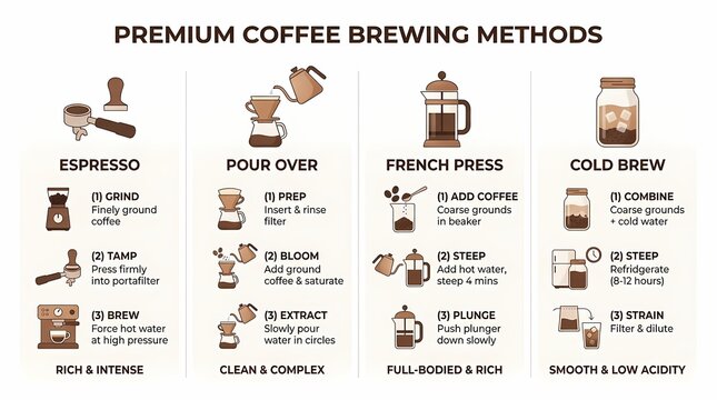 A visual guide detailing four premium coffee brewing methods: Espresso, Pour Over, French Press, and Cold Brew, with step-by-step instructions for each.