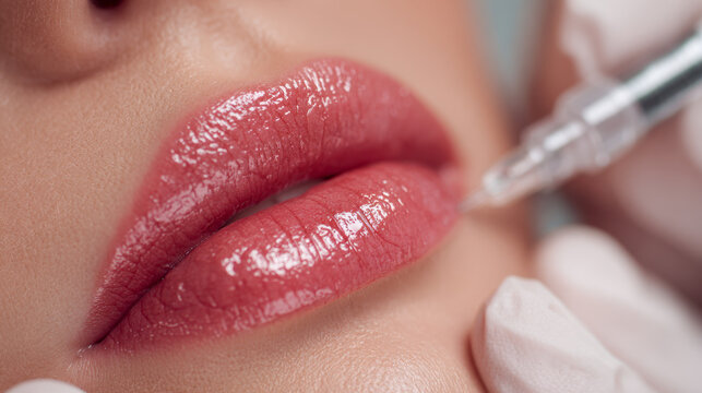 Woman receiving professional lip enhancement treatment with a precise injection in a beauty clinic for fuller and hydrated lips care and aesthetics