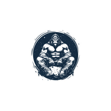 Hand drawn vintage engraving style illustration of a gorilla astronaut wearing a spacesuit sitting on the moon surface surrounded by stars in deep space.