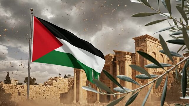 Palestinian flag waving over ancient ruins with olive branch foreground, symbolic middle eastern heritage and resilience