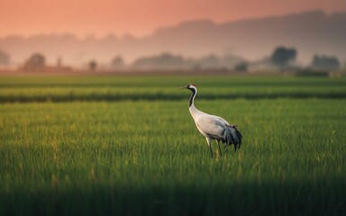 Obraz premium Crane standing in golden rice field at sunset with warm light and peaceful rural countryside landscape scene