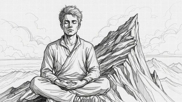 Serene Contemplation on the Peak: A meditating individual, serene and centered, finds inner peace amidst a rugged mountain landscape, symbolizing spiritual journey.