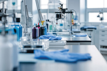 Fototapeta premium This image showcases a modern laboratory setting filled with colorful research materials and tools, highlighting the excitement and vibrancy of scientific exploration.