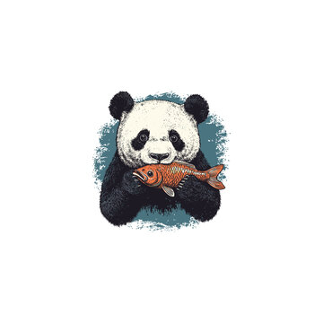 Hand drawn vintage engraving illustration of a cute giant panda eating a goldfish, retro ink sketch style vector asset.