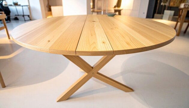 A round wooden table with angled legs and black crossbars stands in soft indoor lighting, symbolizing modern craftsmanship, simplicity, and natural elegance through clean design and warm material aest