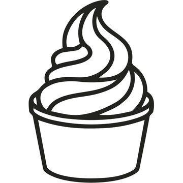 Black line drawing of a swirly soft serve ice cream in a cup on white background