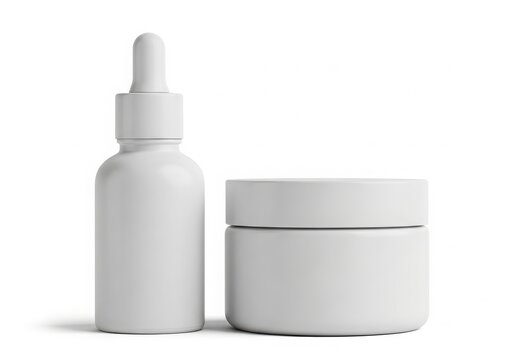 Modern minimalist bathroom accessories featuring a soap dispenser and lotion bottle isolated on white background