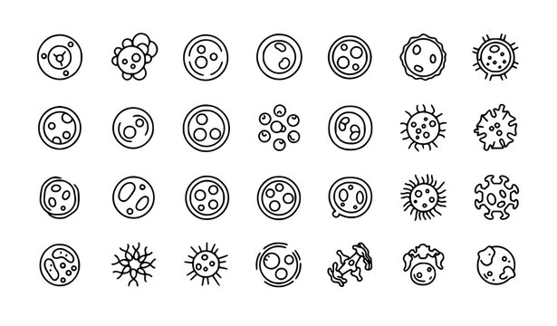 Filled white blood cell icon set with leukocyte and immune system cell symbols for medical and biology design