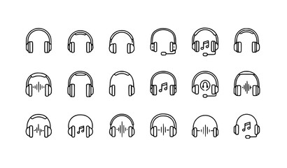 Minimal headphone line icon set with audio headset and music listening symbols for web and mobile UI design © Hazara