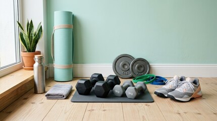 Obraz premium A fitness equipment arrangement with yoga mat, water bottle, dumbbells, weights and training shoes on a pastel backdrop, fresh sporty balance, ultra-realistic, no logos.