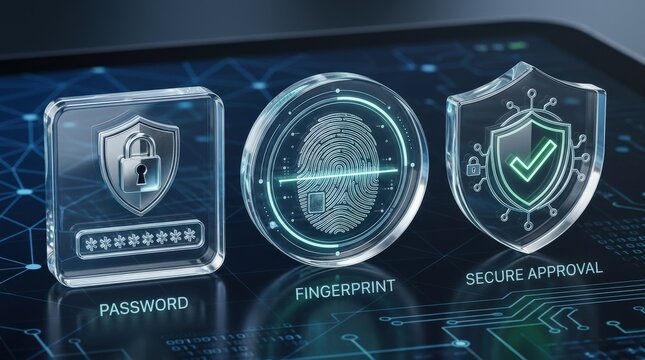 A transparent glass cybersecurity access icon set with password, fingerprint, and secure approval symbols, crisp biometric security styling, ultra-realistic, no logos.