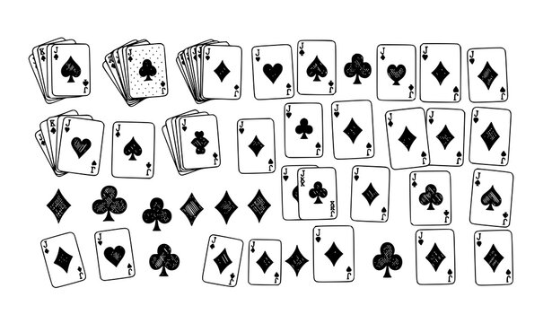 Hand drawn playing cards icon collection with casino suit and deck symbols for gaming UI design