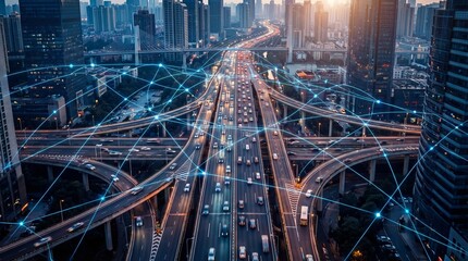 Fototapeta premium Aerial view of a modern city highway interchange with digital network overlay, symbolizing smart urban infrastructure and connectivity.