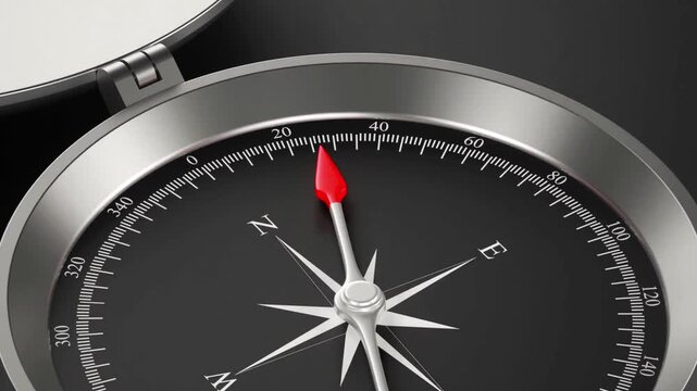 A close up view of a silver compass with black face and a red needle pointing north.