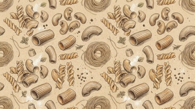 A seamless pasta pattern with fusilli, gobetti, rigatoni and capellini, craft-paper sketch texture and warm Italian kitchen heritage mood, ultra-realistic, no logos.