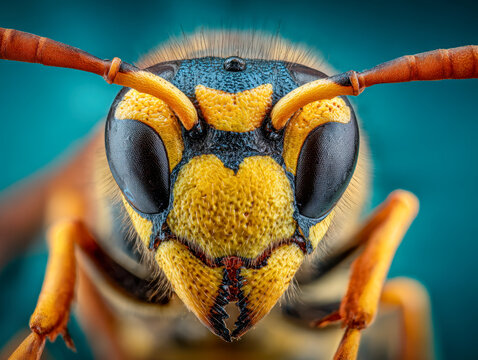 Detailed macro photography of a wasp's intricate face showcasing vivid yellow and black patterns with sharp antennae and compound eyes against a blurred background