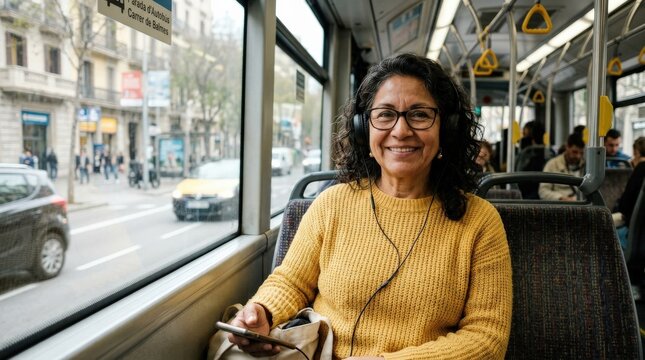 A Hispanic middle-aged woman with glasses wearing a yellow sweater and headphones inside a public bus, smiling at the camera, soft urban commute light, ultra-realistic, no logos.