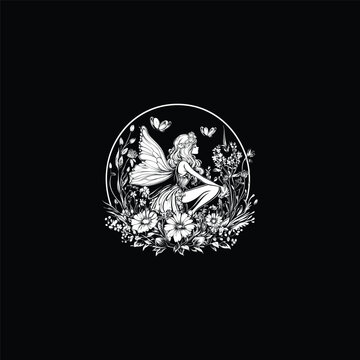 illustration of a beautiful crouching fairy with wings in a circular flower garden on a black background.