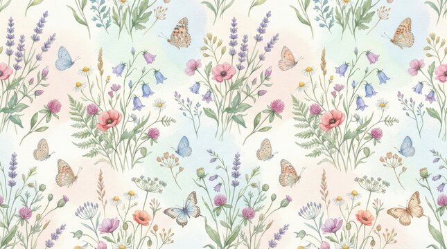 A delicate seamless watercolor pattern with wildflowers, abstract plants and butterflies, tender decorative calm, soft pastel background mood, ultra-realistic, no logos.