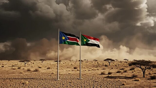 South sudan flags waving against a dramatic stormy sky over arid desert landscape cinematic national symbol