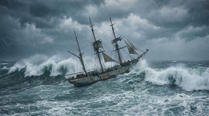 Obraz premium Tall Ship Battling a Violent Storm at Sea
