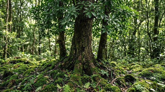 Sal trees with sturdy trunks and leafy crowns emerging from rich green moss, isolated botanical tree set with earthy forest realism, ultra-realistic, no logos.