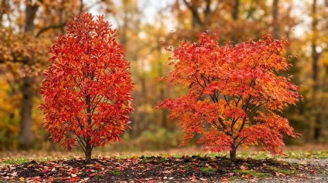 Autumn Chinese tupelo and Butterfly Japanese maple with fiery foliage and refined branching, frontal isolated ornamental tree set in bright seasonal light, ultra-realistic, no logos.