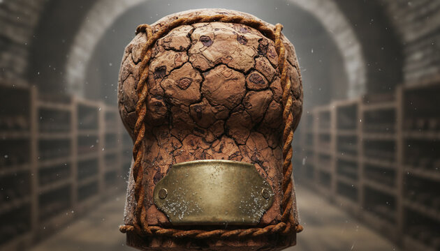 Aged champagne natural cork with wire muselet and blank metallic plaque macro