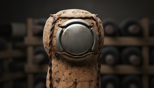 Aged champagne natural cork with wire muselet and blank metallic plaque macro