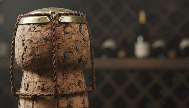 Aged champagne natural cork with wire muselet and blank metallic plaque macro