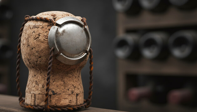 Aged champagne natural cork with wire muselet and blank metallic plaque macro
