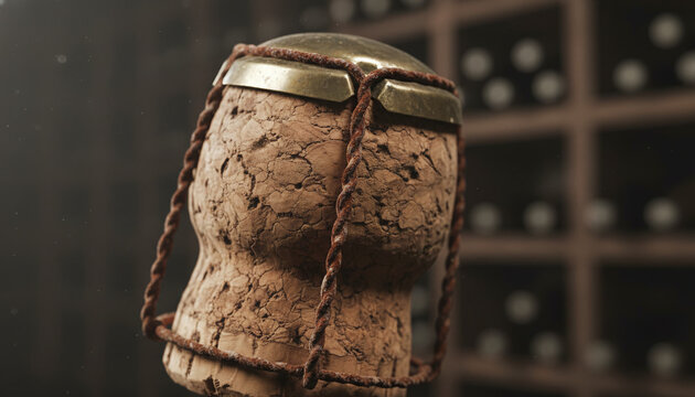 Aged champagne natural cork with wire muselet and blank metallic plaque macro