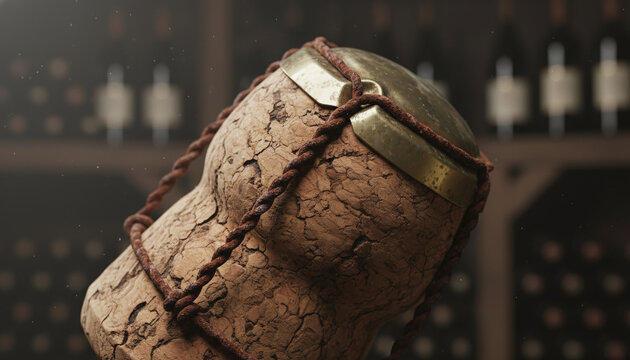 Aged champagne natural cork with wire muselet and blank metallic plaque macro