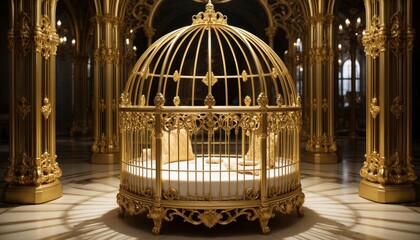 Fototapeta premium The ornate golden cage stands empty in a grand hall. Intricate details of the cage and surrounding architecture create a luxurious atmosphere.