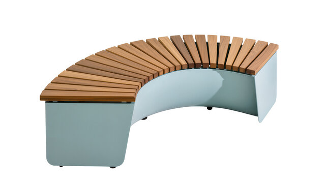 Curved wooden slatted park bench with light blue metal base, isolated on transparent background