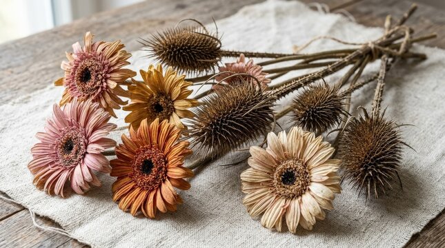 Dried gerbera daisies and teasel heads with sculptural textures, faded petals and spiny forms, isolated botanical set in crisp natural detail, ultra-realistic, no logos.