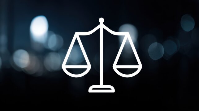 A Scales of Justice Icon in a modern style on a blurry background. The balanced scales symbolize fairness, law, and order, justice, and legal proceedings.