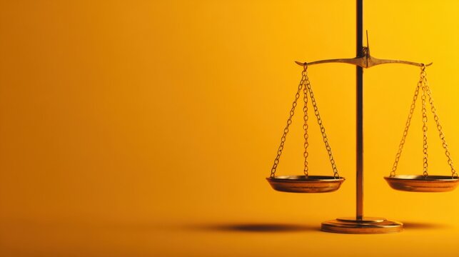 Balance scale with a gold color set against a yellow backdrop, signifying justice and fairness