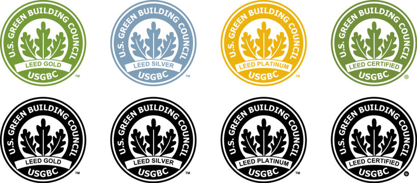 Set of USGBC LEED certification badges for green building standards gold silver platinum levels