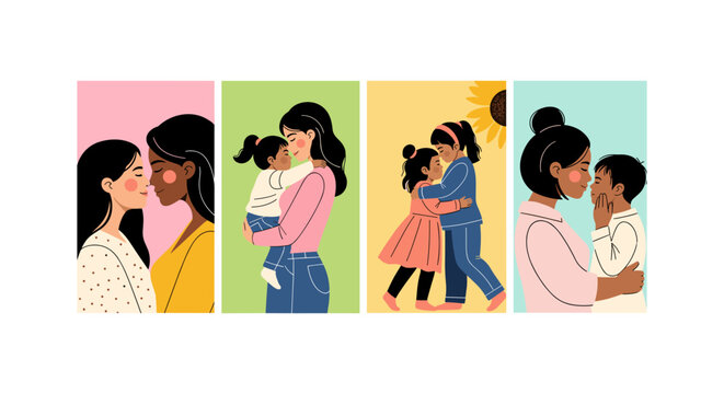 Four diverse women in colorful clothing sitting together in a casual group setting conversation