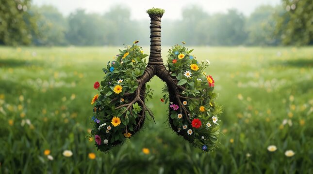 A creative artwork depicting human lungs made of intertwined branches and vines, covered with colorful flowers and green leaves. 