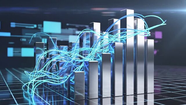 A metallic bar graph shows a positive upward trend with dynamic blue light streams flowing around the bars, representing data flow and energetic business growth.