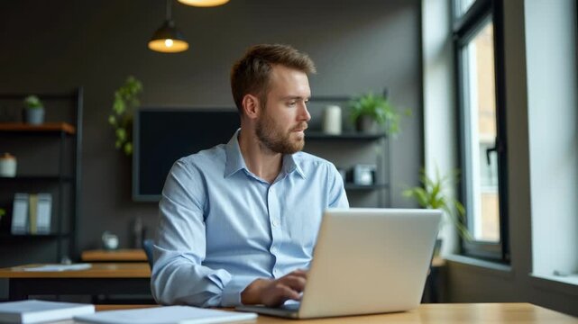Male business trainer working with laptop in office.