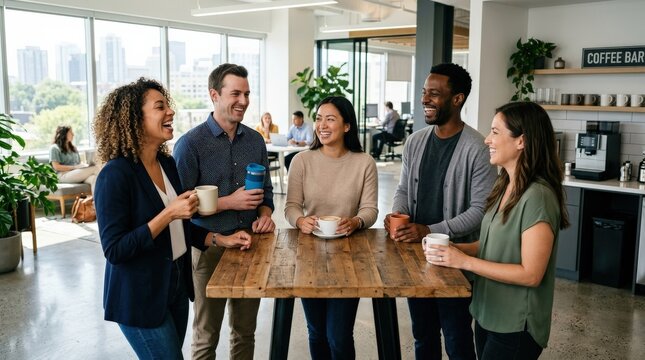 Happy business people having a coffee break in an office, cups in hand, casual conversation, bright modern interior and relaxed team spirit, ultra-realistic, no logos.