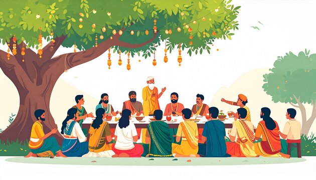 National Panchayati Raj Day Concept with Village People Meeting Under Tree Vector Illustration