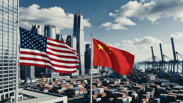 Us and china flags waving over busy international shipping port and modern city skyline for global trade and economy concepts