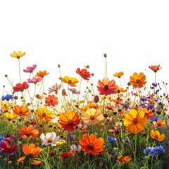 Fototapeta premium Vibrant Field of Wildflowers in Sunlight with White Background