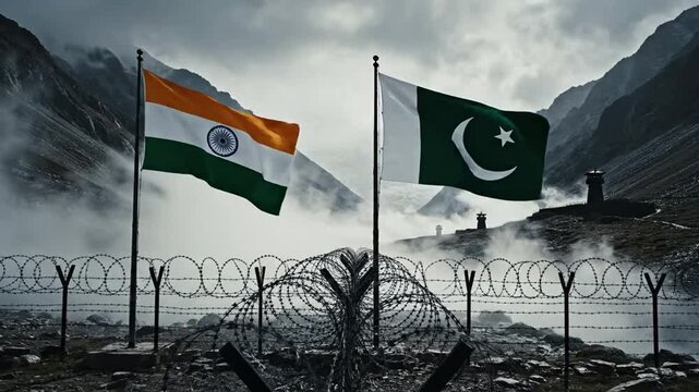 India and pakistan flags waving at border with barbed wire fence and mountain landscape in foggy atmosphere